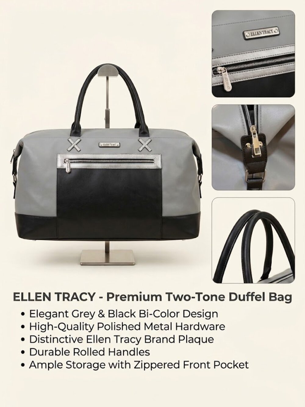 Ellen Tracy Two-Tone Duffel Bag – Grey & Black Travel Weekender Tote